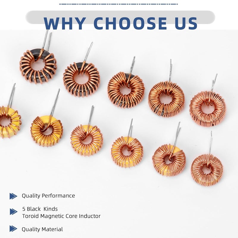 Glarks 30pcs 6 Sizes Toroid Core Inductor Kit, 10UH-2.8A 22UH-2.8A 33UH-2.8A 47UH-1.96A 100UH-1.96A 220UH-1.25A Inductance Copper Coil, Toroid Magnetic Inductor for Transformers DIY Circuit Board - Image 3